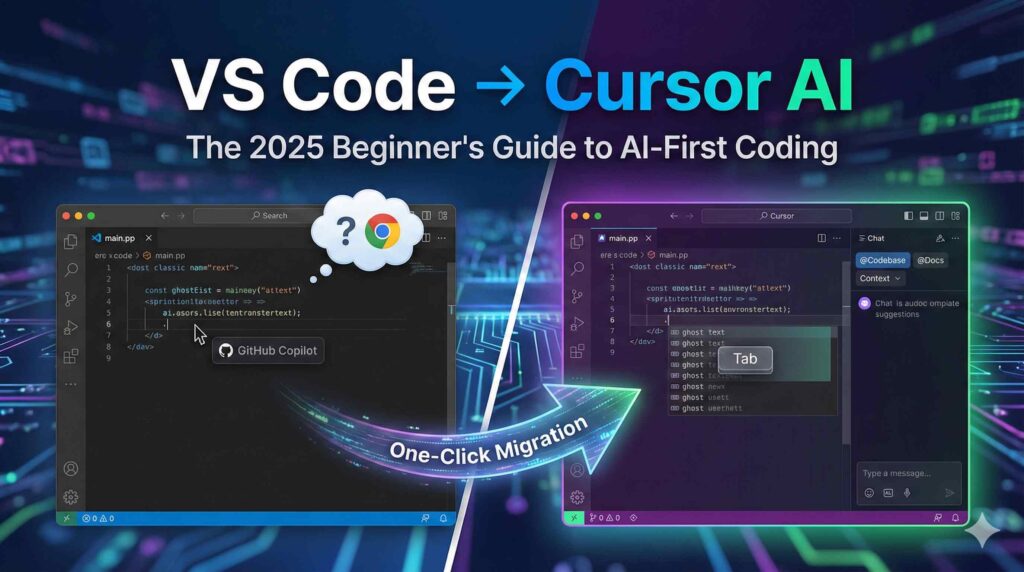 VS Code vs Cursor AI comparison split screen showing VS Code on the left and Cursor AI on the right with glowing AI features like Cursor Tab. An arrow labeled One-Click Migration points to Cursor. Text overlay reads: The 2025 Beginner's Guide to AI-First Coding.