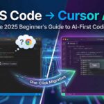 VS Code vs Cursor AI comparison split screen showing VS Code on the left and Cursor AI on the right with glowing AI features like Cursor Tab. An arrow labeled One-Click Migration points to Cursor. Text overlay reads: The 2025 Beginner's Guide to AI-First Coding.
