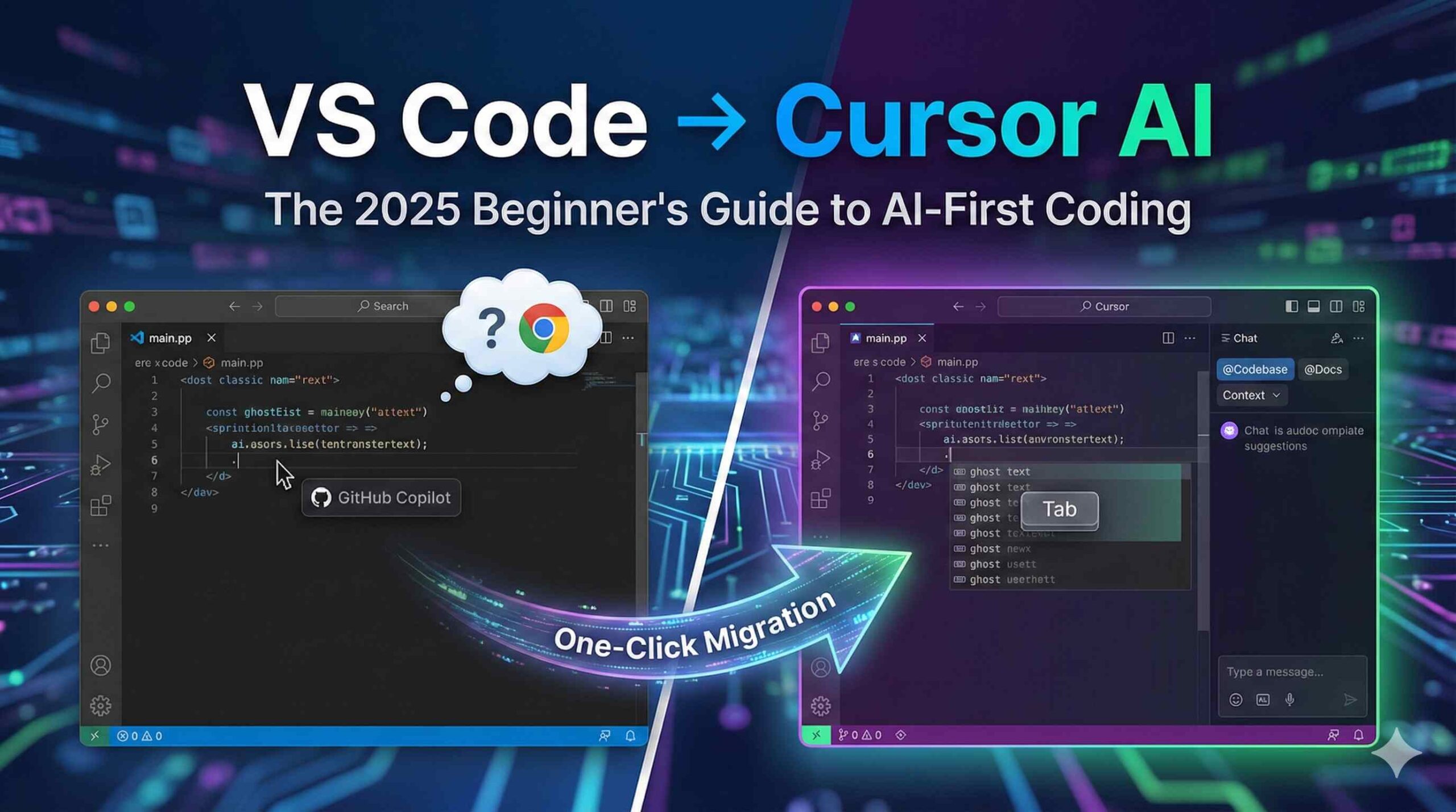VS Code vs Cursor AI comparison split screen showing VS Code on the left and Cursor AI on the right with glowing AI features like Cursor Tab. An arrow labeled One-Click Migration points to Cursor. Text overlay reads: The 2025 Beginner's Guide to AI-First Coding.