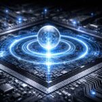 What is quantum computing — illustration of a quantum processor with glowing qubits and circuit patterns