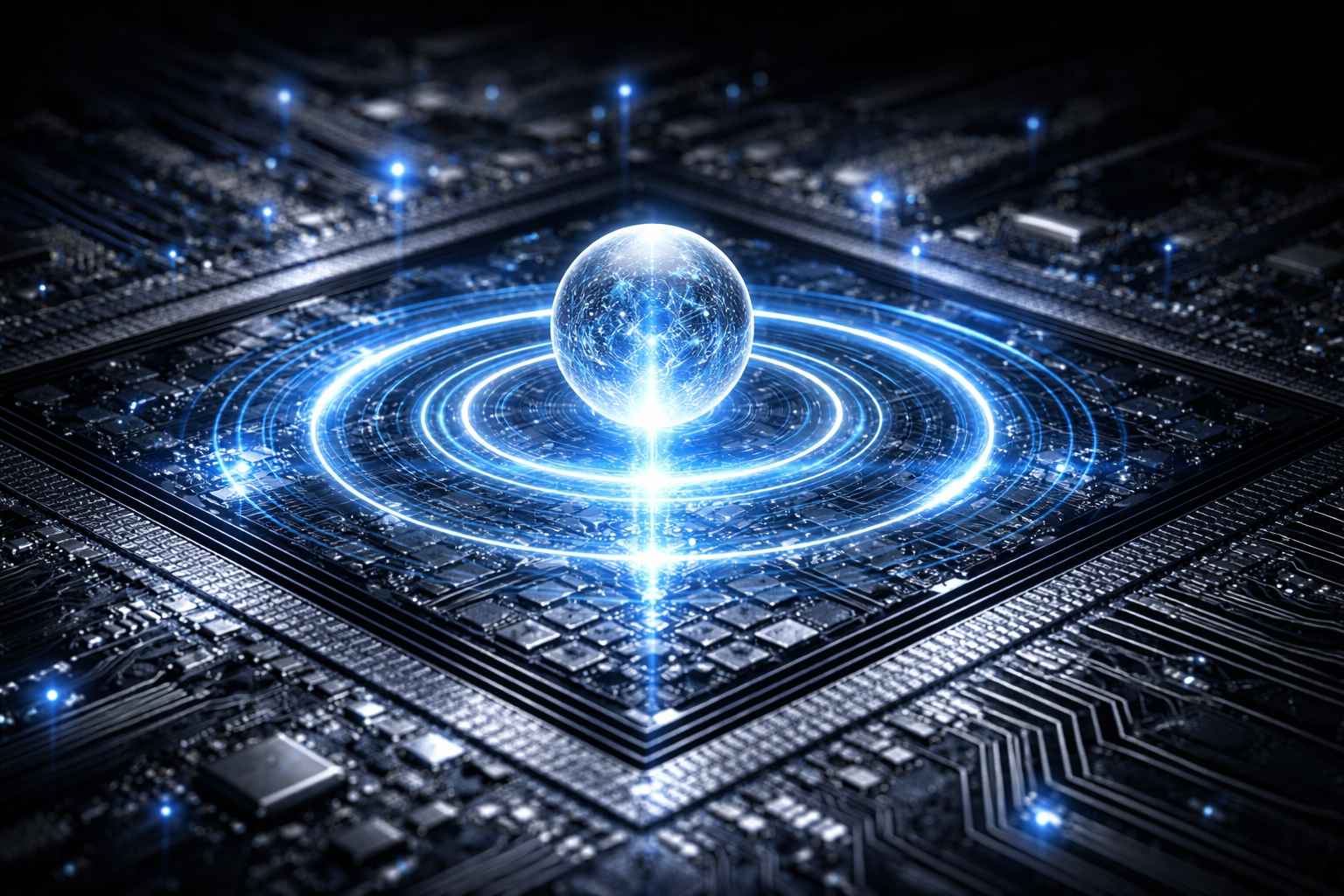 What is quantum computing — illustration of a quantum processor with glowing qubits and circuit patterns