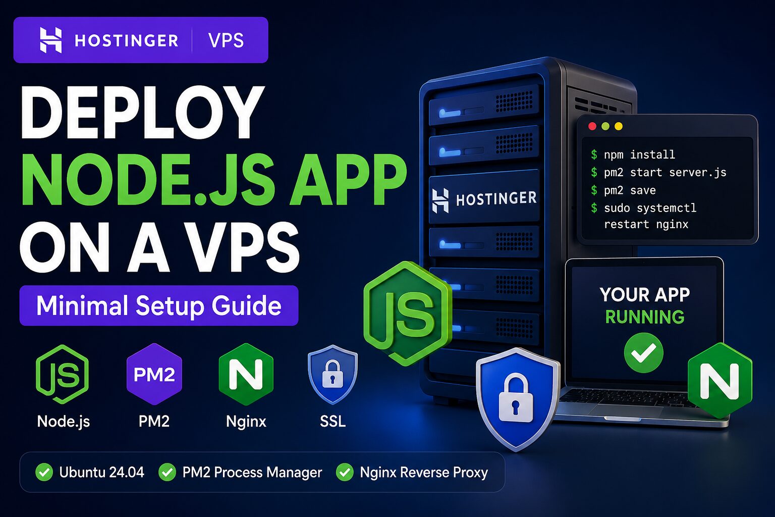 Developer deploying a Node.js application on a Hostinger VPS server using PM2 and Nginx on Ubuntu Linux