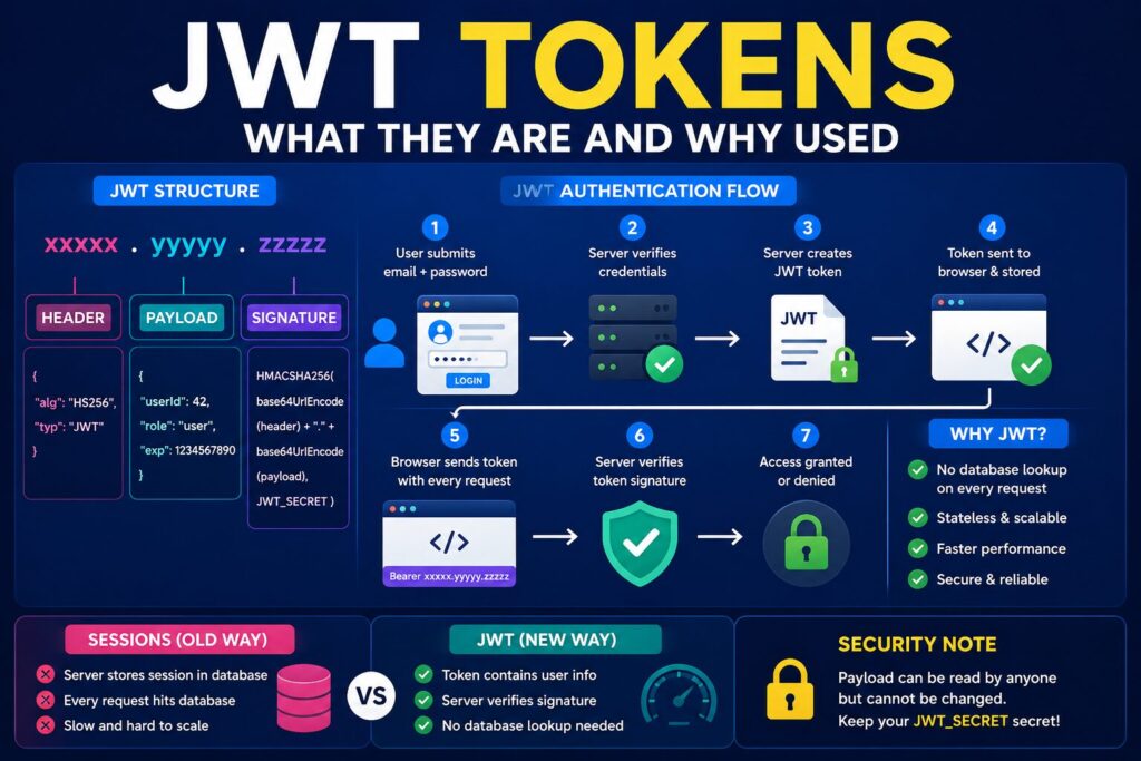 Diagram showing JWT authentication flow with header, payload, signature, and login verification process.